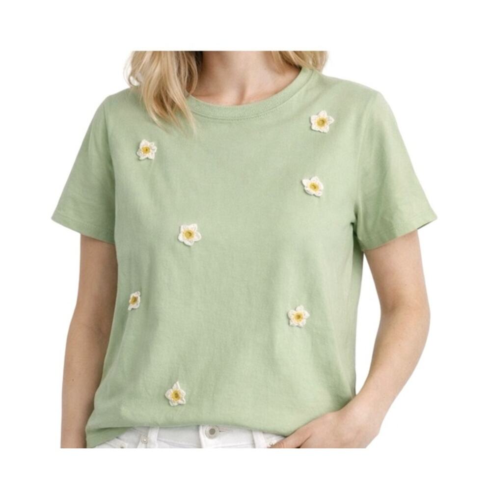 Zara Top Womens Size Large Short Sleeve Pullover Green Daisy Applique Round Neck